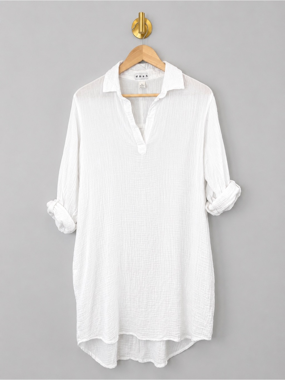 Dash White Gauze Tunic Top Roll Tab Sleeves Oversized Boho Beach Cover Up